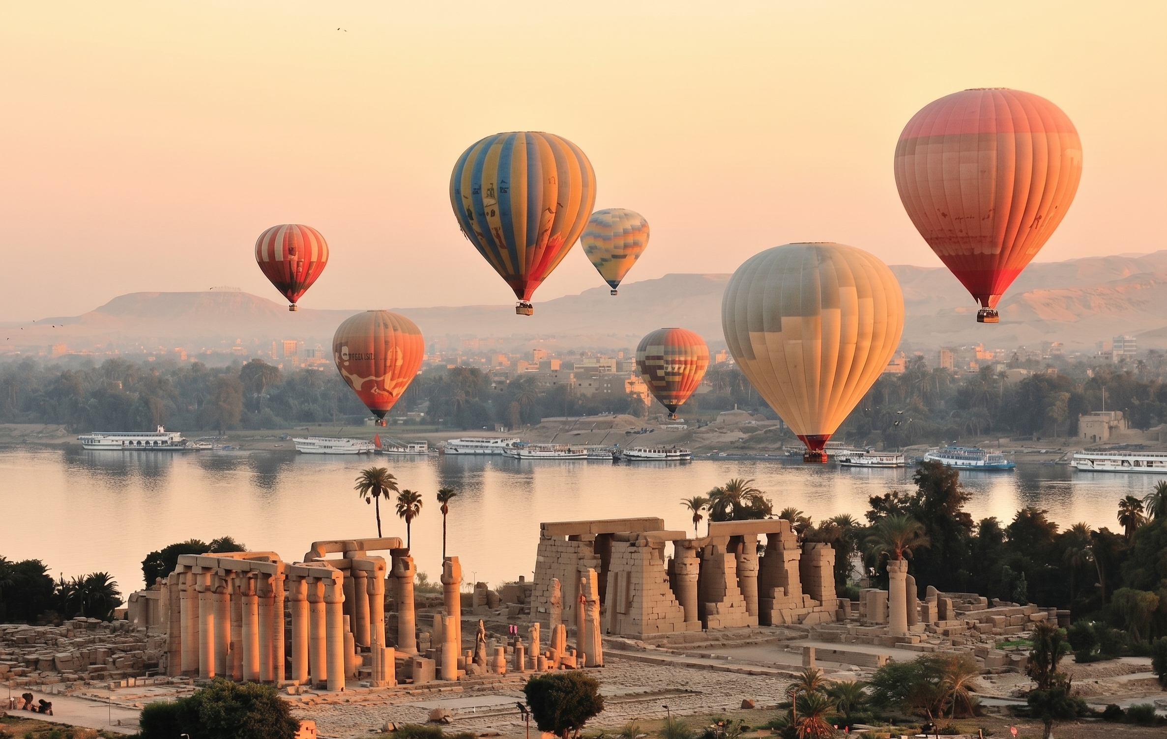 Colorful hot air balloons flying over the Nile River and ancient temple ruins in Luxor during a sunrise flight.
